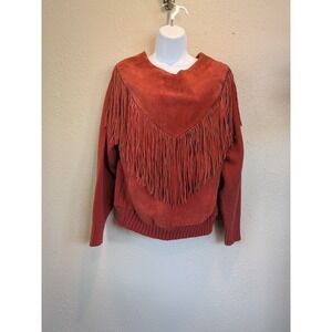 Pioneer Wear Fringe Sweater Cow Split‎ Suede Leather Knit Western Style M